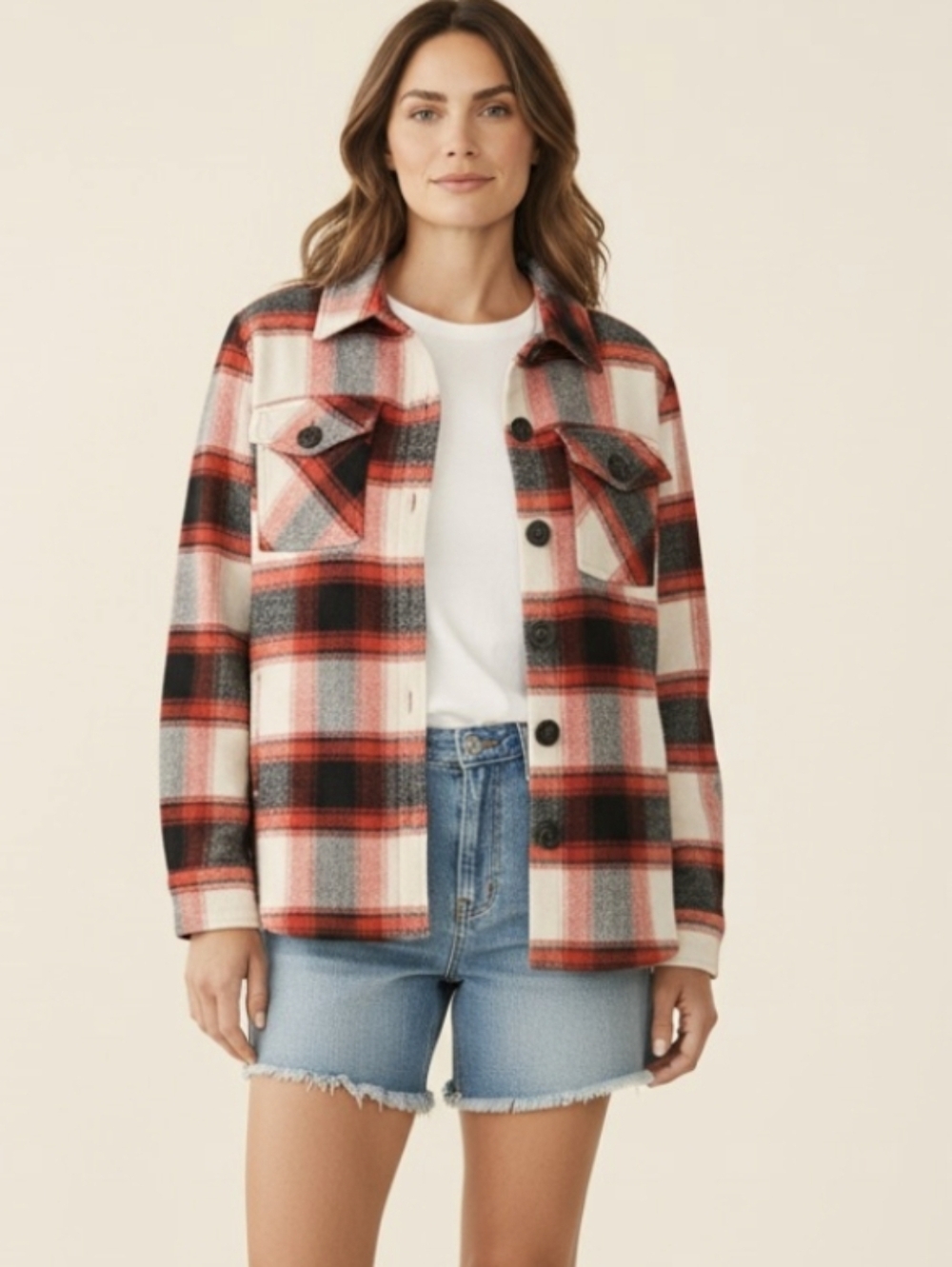 BB Dakota Steve Madden Plaid Shacket Jacket Red Black Lightweight Layer Medium